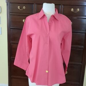 Elegant foxcroft Coral Button-Down Shirt with 3/4 sleeve.